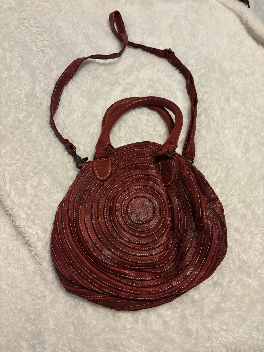 Round Red Leather Shoulder Bag with Detachable Crossbody Strap